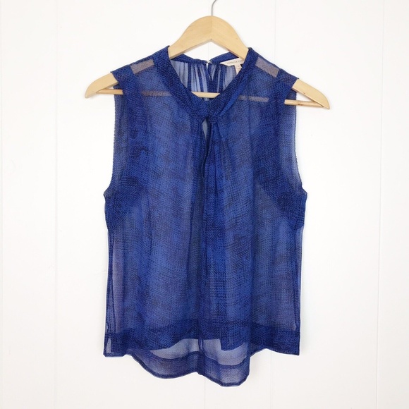 Rebecca Taylor Womens Silk Sleeveless Blouse Top Size 6 Blue Twist Tie Neck Line - Picture 2 of 6